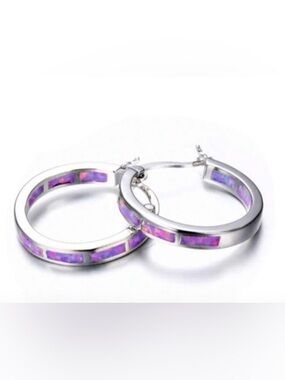 Sterling Silver Hoop Earrings with Purple Opal Inlay